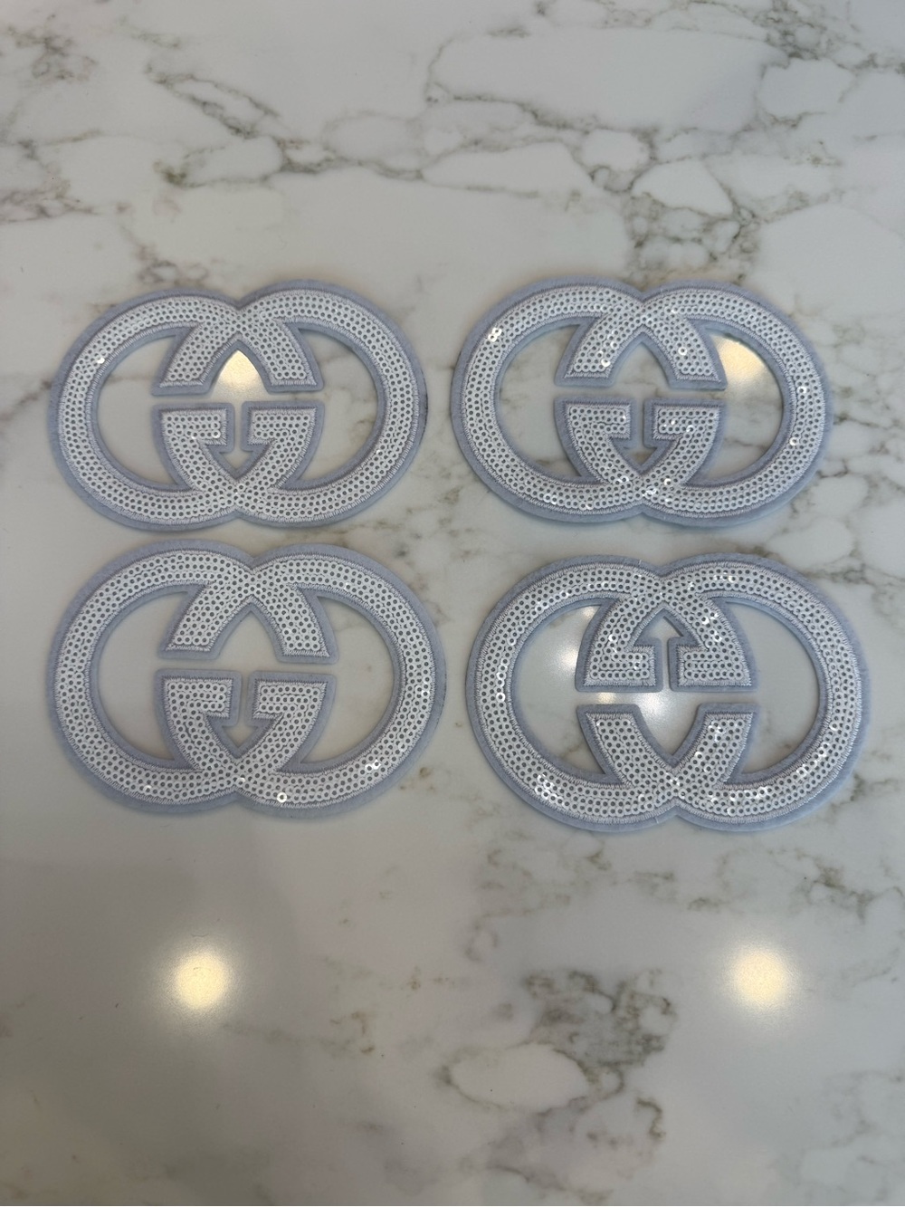 Hand Crafted White Sequin Iron on Logo Patches